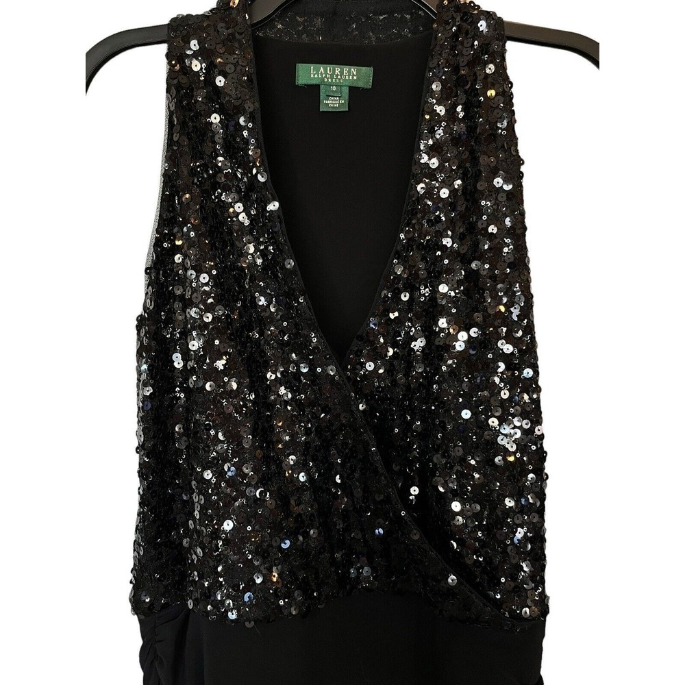 Lauren Ralph Lauren Sequined V Neck Wrap Black Midi Gown Dress Size 10
